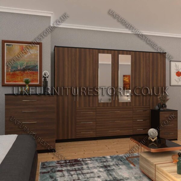 Front Walnut Side Black 6 Door Combi Wardrobe Set With 2 Mirrors