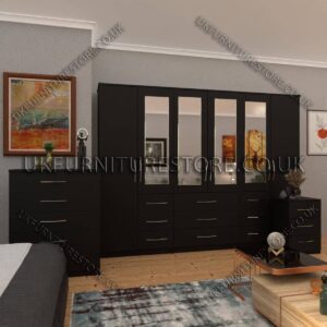 Black 6 Door Combi Wardrobe Set With 4 Mirrors