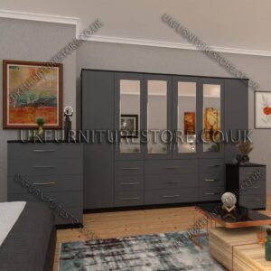 Front Gray Side Black 6 Door Combi Wardrobe Set With 4 Mirrors