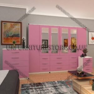Front Pink Side White 6 Door Combi Wardrobe Set With 4 Mirrors