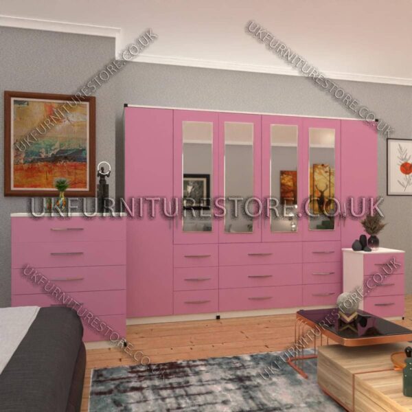 Front Pink Side White 6 Door Combi Wardrobe Set With 4 Mirrors