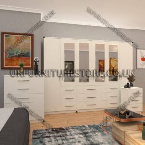 White 6 Door Combi Wardrobe Set With 4 Mirrors