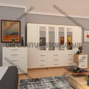 Front White Side Beech 6 Door Combi Wardrobe Set With 4 Mirrors