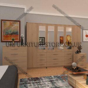Oak 6 Door Combi Wardrobe Set With 4 Mirrors