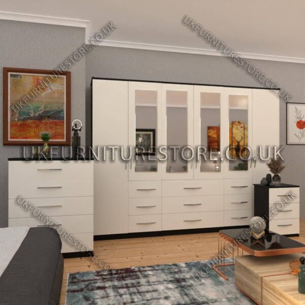 Front White Side Black 6 Door Combi Wardrobe Set With 4 Mirrors