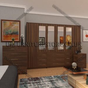 Walnut 6 Door Combi Wardrobe Set With 4 Mirrors