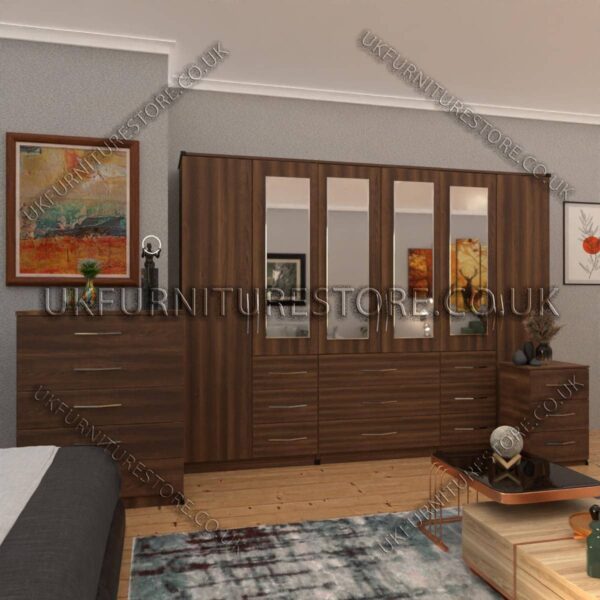 Walnut 6 Door Combi Wardrobe Set With 4 Mirrors