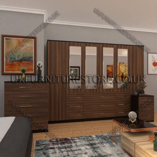 Front Walnut Side Black 6 Door Combi Wardrobe Set With 4 Mirrors