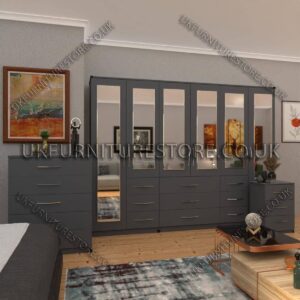 Gray 6 Door Combi Wardrobe Set With 6 Mirrors