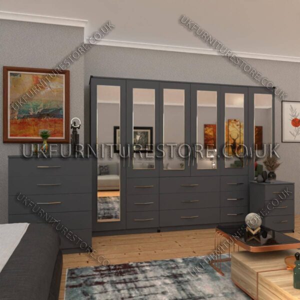 Gray 6 Door Combi Wardrobe Set With 6 Mirrors