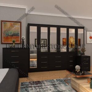 Black 6 Door Combi Wardrobe Set With 6 Mirrors
