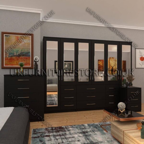 Black 6 Door Combi Wardrobe Set With 6 Mirrors
