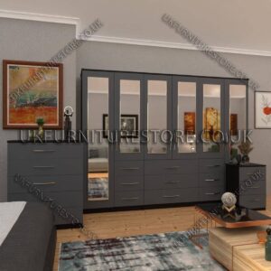 Front Gray Side Black 6 Door Combi Wardrobe Set With 6 Mirrors
