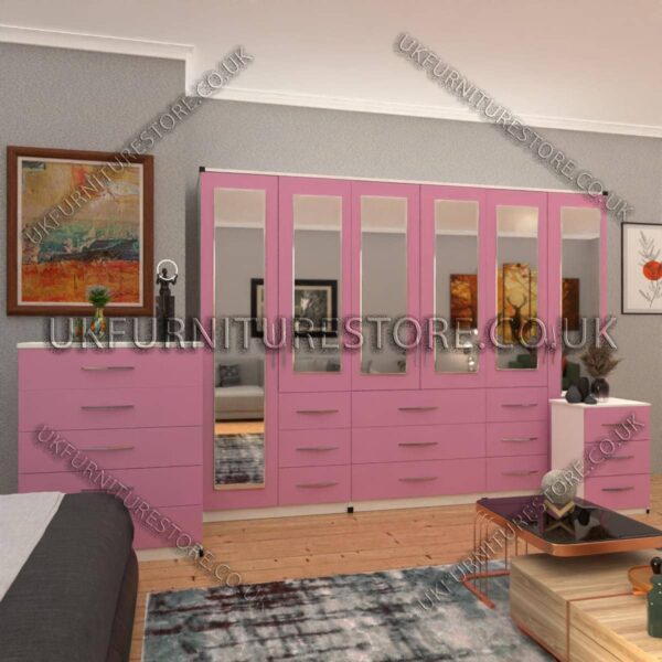 Front Pink Side White 6 Door Combi Wardrobe Set With 6 Mirrors