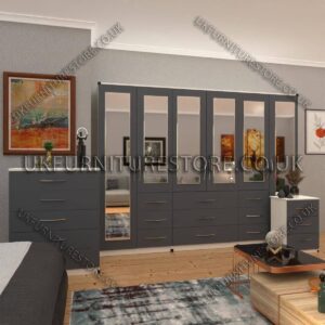Front Gray Side White 6 Door Combi Wardrobe Set With 6 Mirrors