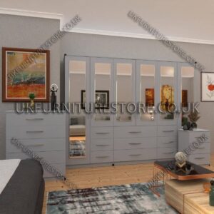 Silver 6 Door Combi Wardrobe Set With 6 Mirrors