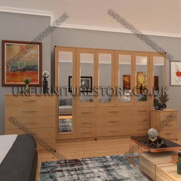 Beech 6 Door Combi Wardrobe Set With 6 Mirrors