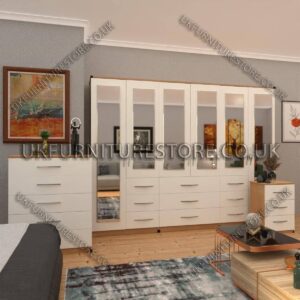 Front White Side Beech 6 Door Combi Wardrobe Set With 6 Mirrors