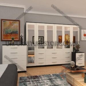 Front White Side Black 6 Door Combi Wardrobe Set With 6 Mirrors