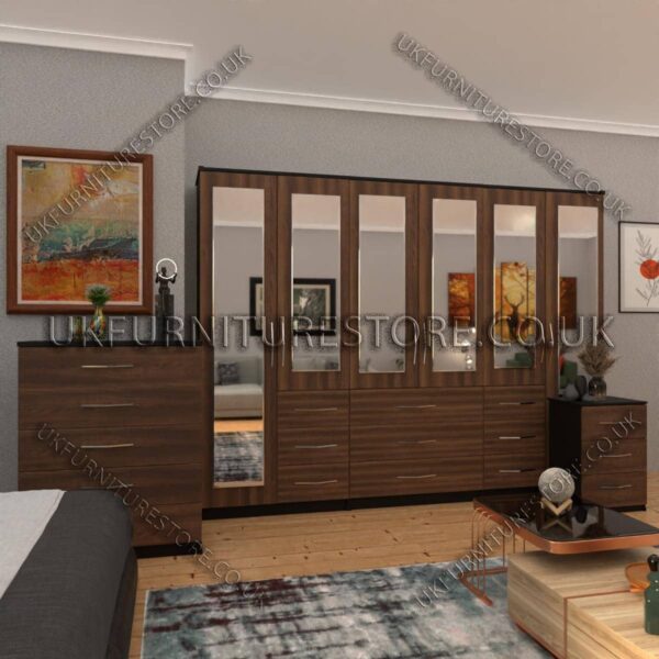 Front Walnut Side Black 6 Door Combi Wardrobe Set With 6 Mirrors