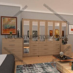 Oak 6 Door Combi Wardrobe Set With 6 Mirrors