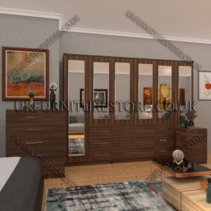 Walnut 6 Door Combi Wardrobe Set With 6 Mirrors