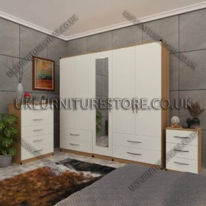 Front White Side Beech 5 Door Wardrobe Set With 1 Mirror and 4 Bottom Drawer