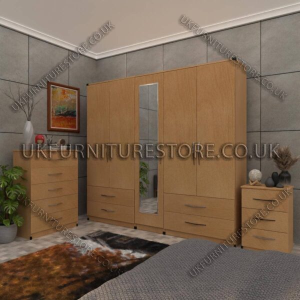 Beech 5 Door Wardrobe Set With 1 Mirror and 4 Bottom Drawer