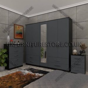 Front Gray Side Black 5 Door Wardrobe Set With 1 Mirror and 4 Bottom Drawer