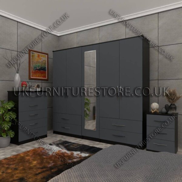 Front Gray Side Black 5 Door Wardrobe Set With 1 Mirror and 4 Bottom Drawer