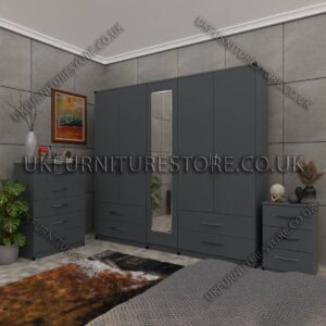Gray 5 Door Wardrobe Set With 1 Mirror and 4 Bottom Drawer