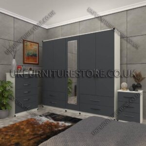 Front Gray Side White 5 Door Wardrobe Set With 1 Mirror and 4 Bottom Drawer