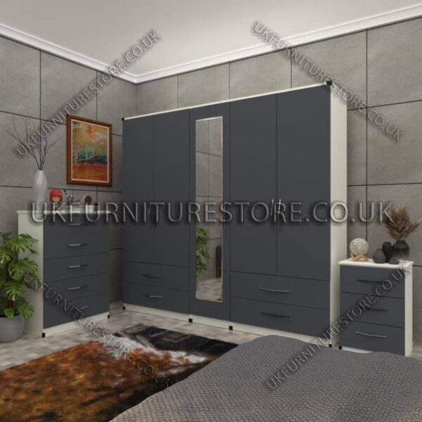 Front Gray Side White 5 Door Wardrobe Set With 1 Mirror and 4 Bottom Drawer