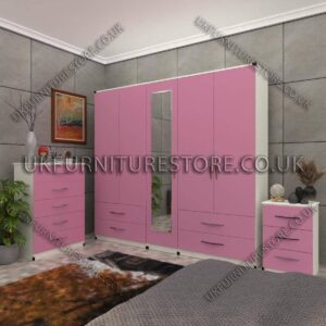 Front Pink Side White 5 Door Wardrobe Set With 1 Mirror and 4 Bottom Drawer