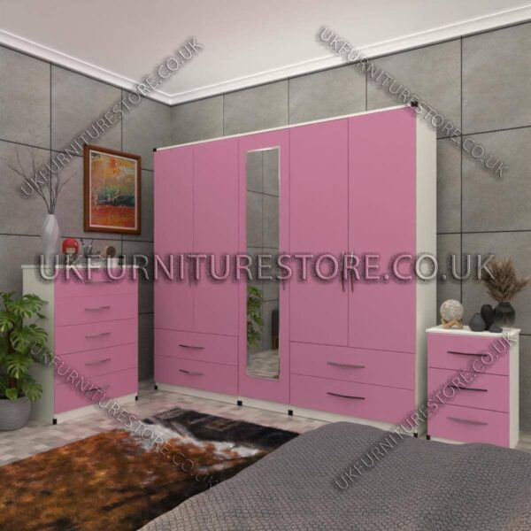 Front Pink Side White 5 Door Wardrobe Set With 1 Mirror and 4 Bottom Drawer