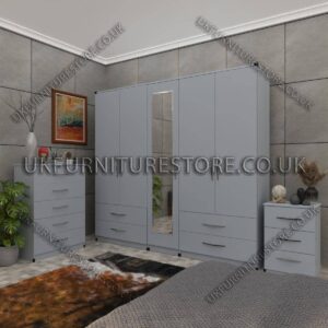 Silver 5 Door Wardrobe Set With 1 Mirror and 4 Bottom Drawer