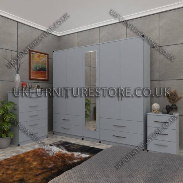 Silver 5 Door Wardrobe Set With 1 Mirror and 4 Bottom Drawer