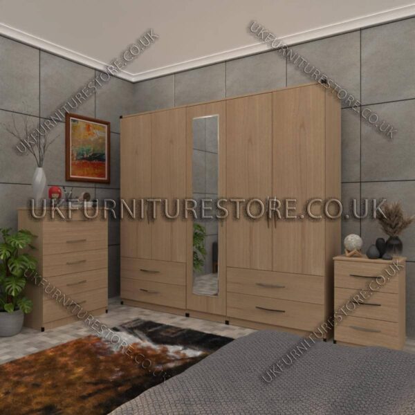 Oak 5 Door Wardrobe Set With 1 Mirror and 4 Bottom Drawer
