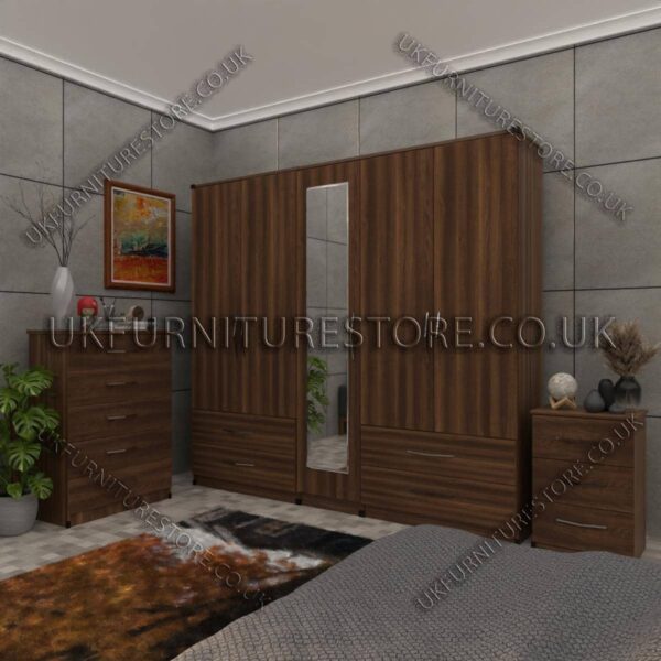 Walnut 5 Door Wardrobe Set With 1 Mirror and 4 Bottom Drawer