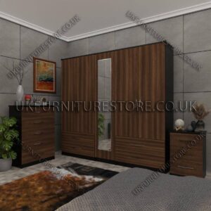 Front Walnut Side Black 5 Door Wardrobe Set With 1 Mirror and 4 Bottom Drawer