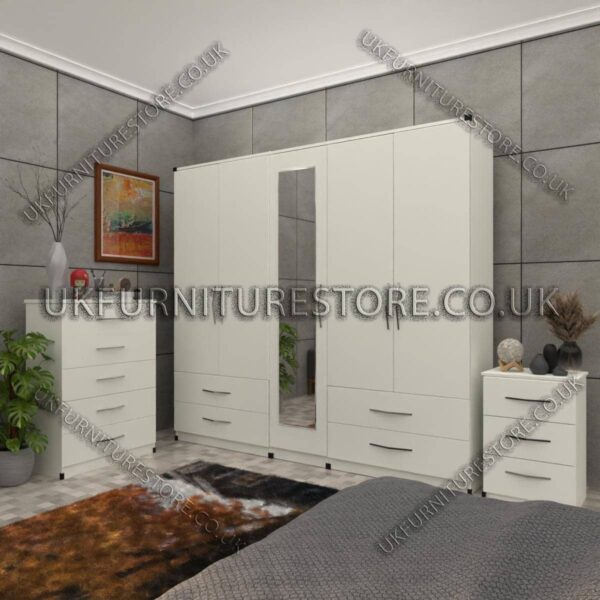 White 5 Door Wardrobe Set With 1 Mirror and 4 Bottom Drawer