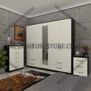 Front White Side Black 5 Door Wardrobe Set With 1 Mirror and 4 Bottom Drawer