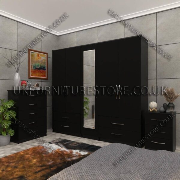 Black 5 Door Wardrobe Set With 1 Mirror and 4 Bottom Drawer