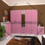 Front Pink Side White 5 Door Wardrobe With 1 Mirror and Bottom Drawer