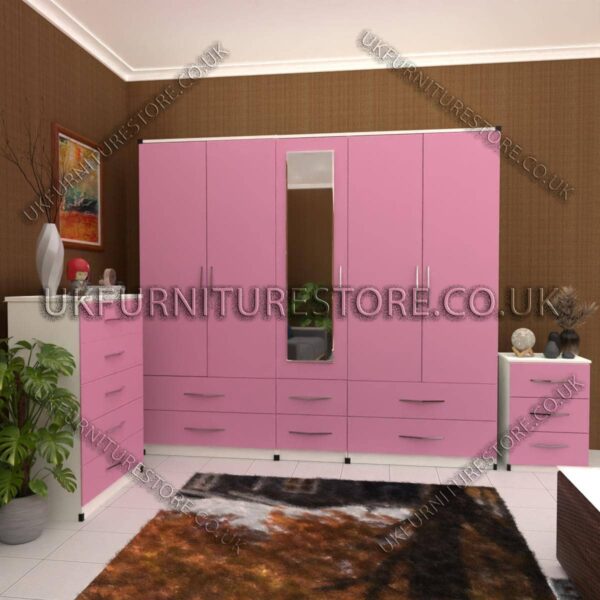 Front Pink Side White 5 Door Wardrobe With 1 Mirror and Bottom Drawer