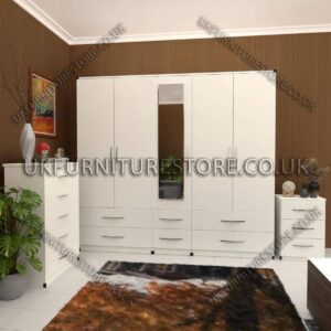 White 5 Door Wardrobe With Mirror and Bottom Drawer