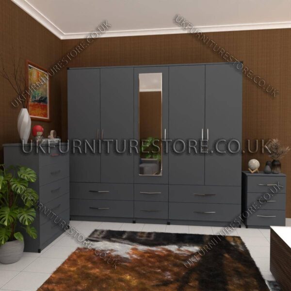 Gray 5 Door Wardrobe With Mirror and Bottom Drawer