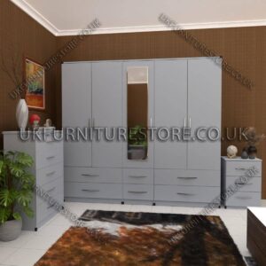Silver 5 Door Wardrobe With Mirror and Bottom Drawer