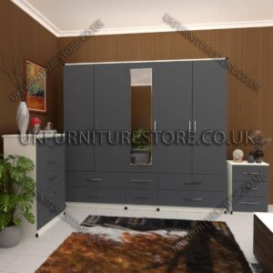 Front Silver Side White 5 Door Wardrobe With Mirror and Bottom Drawer