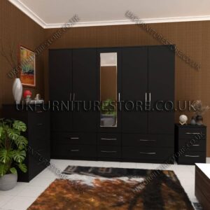 Black 5 Door Wardrobe With Mirror and Bottom Drawer